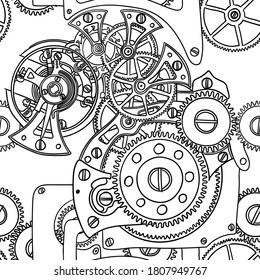 Seamless pattern hand-drawing clockwork isolated on white background.