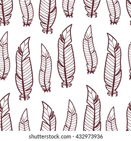 Seamless pattern of  hand-drawing feathers. Design with ethnic, doodle, bohemian style elements. Vector.
