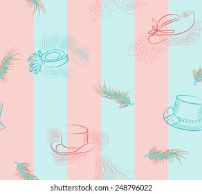 Seamless pattern of hand-drawing sketch women wedding hat with veil and feathers on striped background
