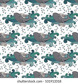 Seamless pattern with hand-drawing whale in abstract waves on white background. Vector illustration.