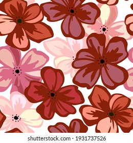 Seamless pattern with hand-drawing wild flowers, red pink colorful botanical illustrations, abstract floral elements, vector hand drawn repeatable illustrations isolated on white background.