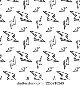 Seamless pattern handdrawn 3D lightning doodle icon. Hand drawn black sketch. Sign symbol. Decoration element. Isolated on white background. Flat design. Vector illustration.