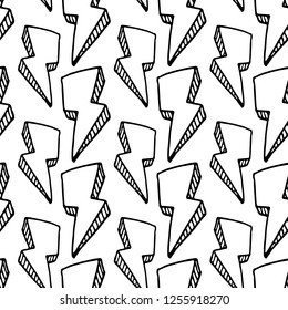 Seamless pattern handdrawn 3D lightning doodle icon. Hand drawn black sketch. Sign symbol. Decoration element. Isolated on white background. Flat design. Vector illustration.