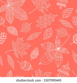 Seamless pattern of hand-drawn abstract autumn leaves with patterns, white outline on a red background, textile design, packaging, covers for notebooks
