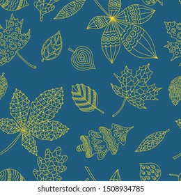 Seamless pattern of hand-drawn abstract autumn leaves with patterns, yellow outline on a dark green background, textile design, packaging, covers for notebooks