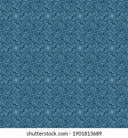 Seamless pattern. Hand-drawn with abstract Curls, hearts, eyes. Psychedelic background . For fabric, Wallpaper, phone. Blue and white vector.