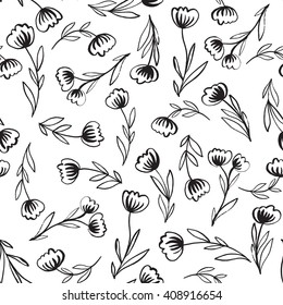 Seamless pattern with hand-drawn abstract flowers. Monochrome background for your design. Vector illustration.