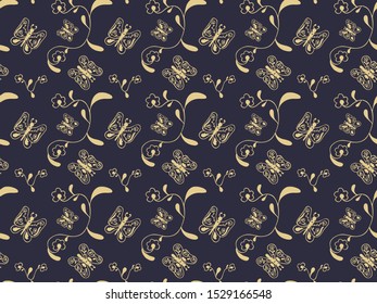 Seamless pattern of hand-drawn abstract golden contour butterflies and flowers on a black background. Elegant decor for fabric, wallpaper, textile, etc. Vector.