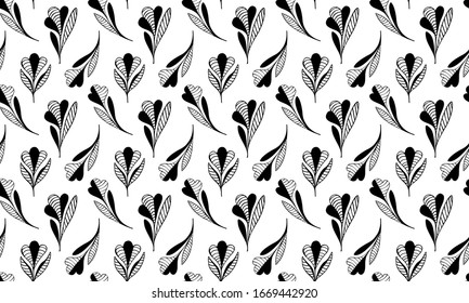 Seamless pattern of hand-drawn abstract meditative black flowers decorated with stripes on a white background. For clothes, fabrics, wallpapers, textiles, wallpapers. Vector.