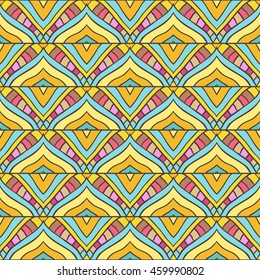Seamless pattern with handdrawn abstract ornament. Colored stripped background