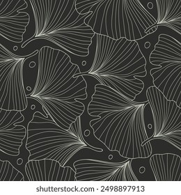 A seamless pattern of hand-drawn abstract tropical foliage, including leaf branches, ginkgo, and various plants, perfect for wallpaper and design projects.