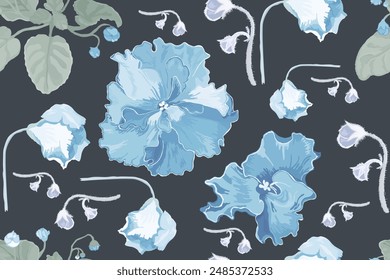Seamless pattern with hand-drawn African violet flowers. Delicate house plants are isolated on the dark background. Seamless pattern for fabric print, package design, brochure or any design ideas.
