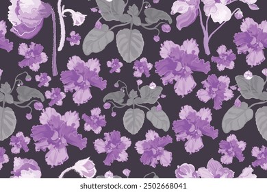 Patrón sin fisuras con flores violeta africanas dibujadas a mano. Las plantas delicadas de la casa están aisladas en el fondo oscuro. Patrón sin fisuras para la impresión de la tela, diseño del paquete, folleto o cualquier idea del diseño.