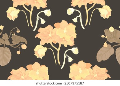 Seamless pattern with hand-drawn African violet flowers. Delicate house plants are isolated on the dark background. Seamless pattern for fabric print, package design, brochure or any design ideas.