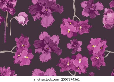 Seamless pattern with hand-drawn African violet flowers. Delicate house plants are isolated on the dark background. Seamless pattern for fabric print, package design, brochure or any design ideas.