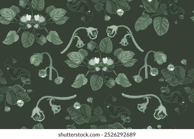 Seamless pattern with hand-drawn African violet flowers. Delicate house plants are isolated on the dark background. Seamless pattern for fabric print, package design, brochure or any design ideas.