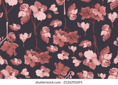 Seamless pattern with hand-drawn African violet flowers. Delicate house plants are isolated on the dark background. Seamless pattern for fabric print, package design, brochure or any design ideas.