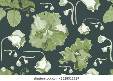 Patrón sin fisuras con flores violeta africanas dibujadas a mano. Las plantas delicadas de la casa están aisladas en el fondo oscuro. Patrón sin fisuras para la impresión de la tela, diseño del paquete, folleto o cualquier idea del diseño.