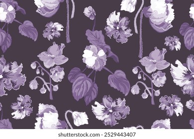 Seamless pattern with hand-drawn African violet flowers. Delicate house plants are isolated on the dark background. Seamless pattern for fabric print, package design, brochure or any design ideas.