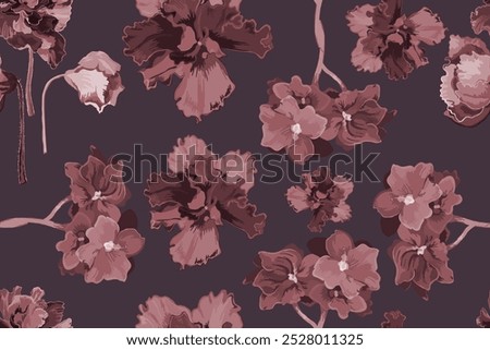 Seamless pattern with hand-drawn African violet flowers. Delicate house plants are isolated on the dark background. Seamless pattern for fabric print, package design, brochure or any design ideas.