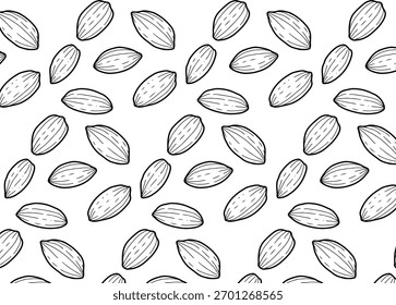 Seamless pattern of hand-drawn almonds scattered across a white background, creating a simple and elegant food-themed design.