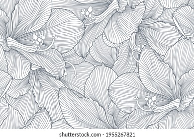 Seamless pattern with hand-drawn amaryllis flowers.
