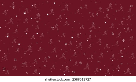 Seamless Pattern of Hand-Drawn American Football Players in Action on Dark Red Background for Sports Fabric, Wallpaper, and Design