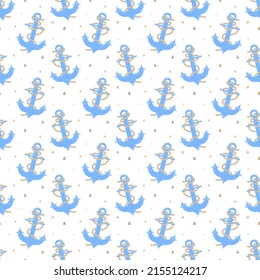 Seamless pattern of hand-drawn anchors in the sea. Vector image on the marine theme for a boy sailor. Illustration for holiday, baby shower, birthday, textile, wrapper, greeting card, print, banner