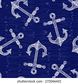 Seamless pattern with  hand-drawn anchors. Sea  vector background.
