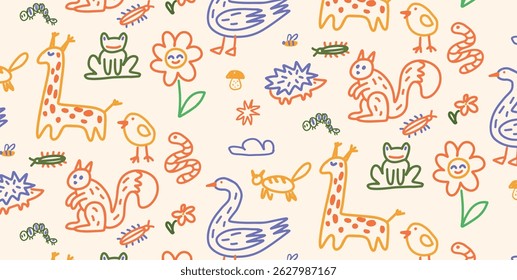 Seamless pattern with hand-drawn animals in colorful childlike style. Frogs, ducks and giraffes playing among insects, flowers and other cheerful nature elements. Vector illustration.