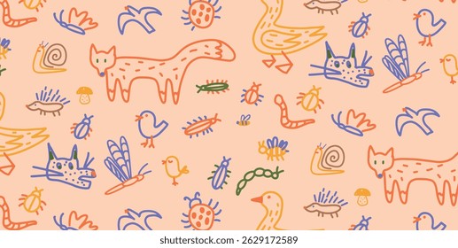 Seamless pattern with hand-drawn animals in colorful childlike style. Foxes and ducks wander through a lively mix of birds, insects, snails and other forest creatures. Vector illustration.