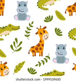 Seamless pattern with hand-drawn animals. Giraffe, hippo and crocodile. Flat style. Design for decorating a nursery.