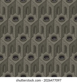 Seamless pattern with hand-drawn architectural elements. Vector background with 3D cubic elements, arches and round dark openings in the ceiling. Abstract geometric wallpaper, wrapping paper, fabric