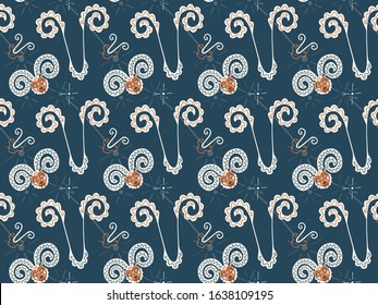 A seamless pattern of hand-drawn Aries zodiac symbols in orange-cream colors on a dark background. Pictograms, constellations, rams and stars. Planetary symbolism. Astronomical texture. Vector.