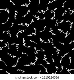 Seamless pattern of hand-drawn arrows in different directions.Contour drawing in cartoon style on a black background.Template for business projects, infographics, gift cards, packaging paper.