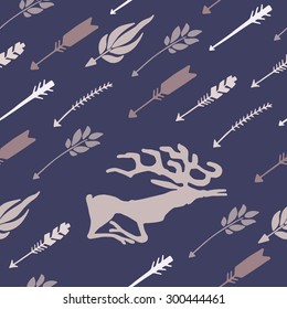 Seamless pattern with hand-drawn arrows and horned deer. Ethnic style. Petroglyphs. Vector illustration.