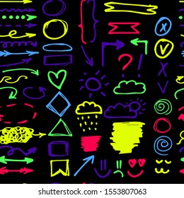 Seamless pattern of hand-drawn arrows, symbols and shapes. Colorful neon elements for social media on a black background.