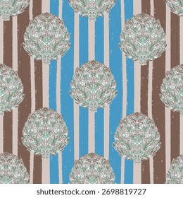 Patrón sin fisuras con alcachofas dibujadas a mano sobre fondo de rayas abstractas. Una mezcla de estilo vintage y moderno inspirado en la estética mediterránea