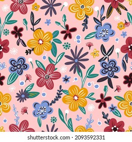 Seamless pattern. Hand-drawn Artistic Naive Flowers are multicolored on a pink background. Spotted Floral Print. Simplified bright plants in the ornament.