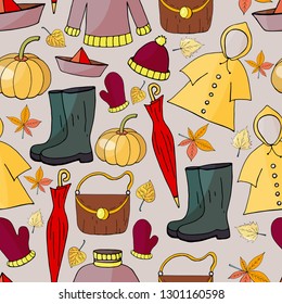 Seamless pattern with hand-drawn autumn elements 