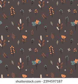 Nahtloses Muster mit handgezeichneten Herbstblättern auf dunklem Hintergrund. Vektorgrafik.	
