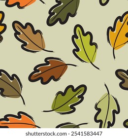 Um padrão contínuo de folhas de outono desenhadas à mão em laranja, amarelo, marrom e verde. Perfeito para adicionar calor outonal a qualquer design.