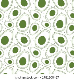 Seamless pattern with hand-drawn avocado on a white background. Vector illustration for your design. Vector background of avocado fruits in doodle style for textiles, prints, cards, wrapping