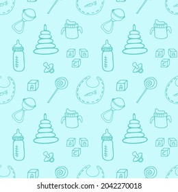 Seamless pattern with hand-drawn baby care items and toys. Background for baby's fabric and other design for children.
