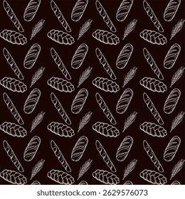 Seamless pattern with hand-drawn bakery products and wheat ears in vintage engraving style on a brown background