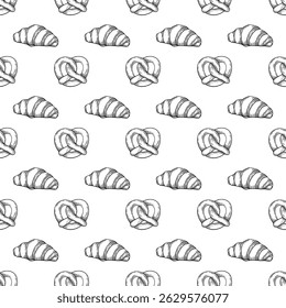 Seamless pattern with hand-drawn bakery products and wheat ears in vintage engraving style on a white background