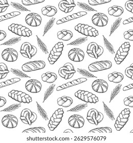 Seamless pattern with hand-drawn bakery products and wheat ears in vintage engraving style on a white background