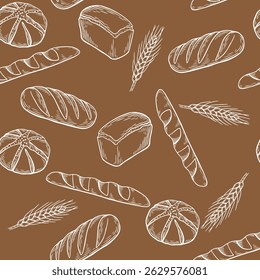 Seamless pattern with hand-drawn bakery products and wheat ears in vintage engraving style on a brown background
