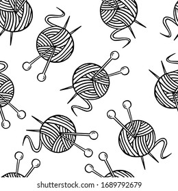 Seamless pattern with hand-drawn ball of knitting thread, doodle, vector illustration. Coloring page for children and adults