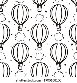 Seamless pattern with hand-drawn balloons and clouds. Cute background for nursery or travel. Contour vector illustration in doodle style.